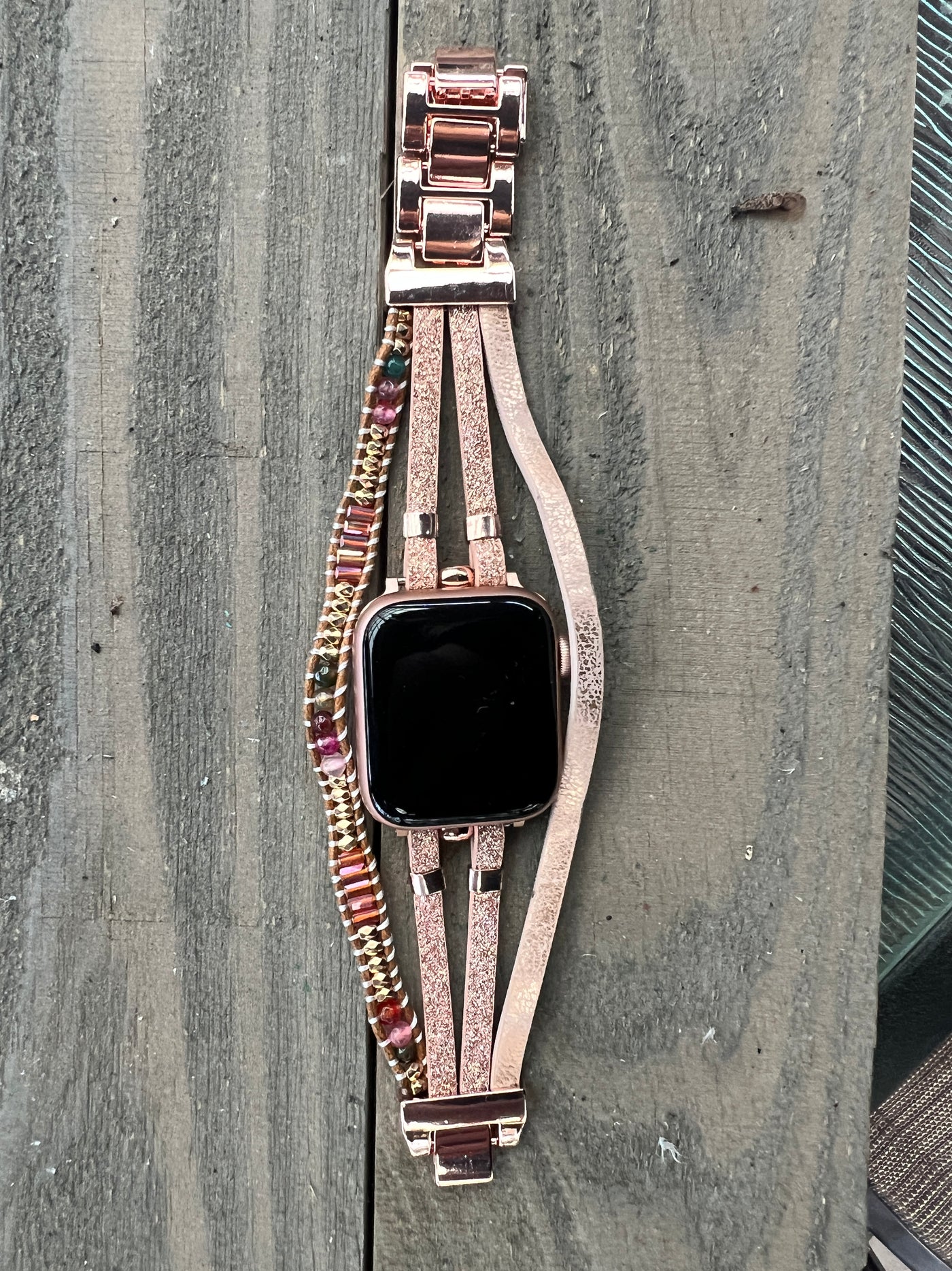 Rose Gold Beaded Multi Strand Leather Smart Watch Bracelet