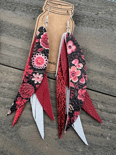 Red Floral Stacked Fringe Feather Earrings