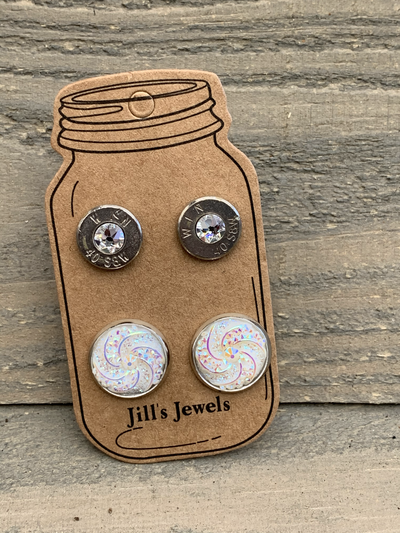 White AB Swirl 40 Caliber bullet earring set - Jill's Jewels | Unique, Handcrafted, Trendy, And Fun Jewelry
