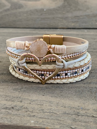 Cream Druzy Gold Heart Leather Magnetic Bracelet