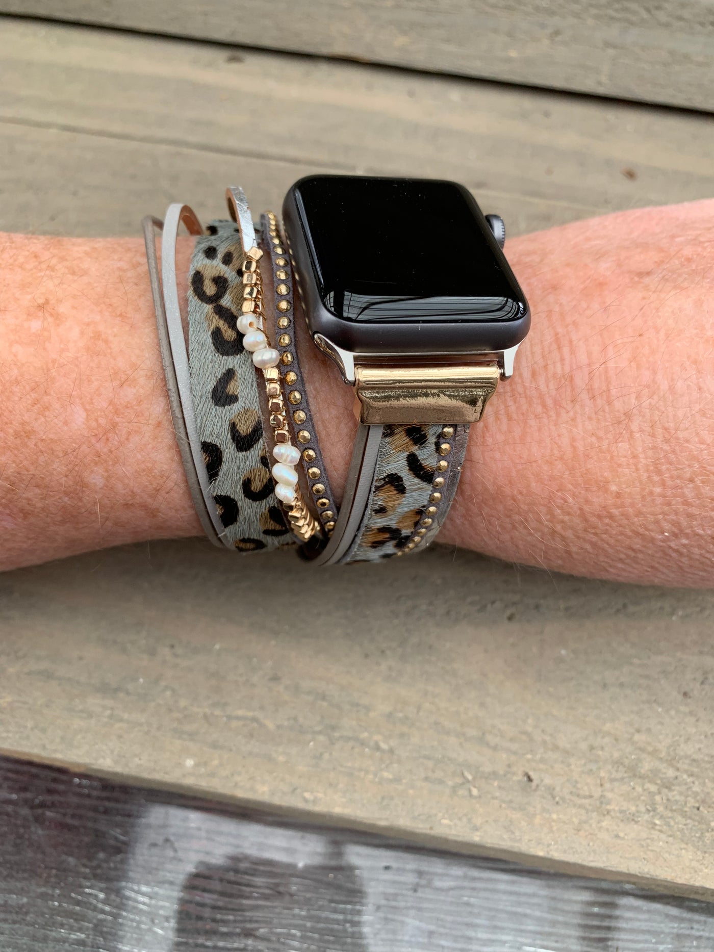 Grey Leopard Double Multi Strand Leather Smart Watch Bracelet