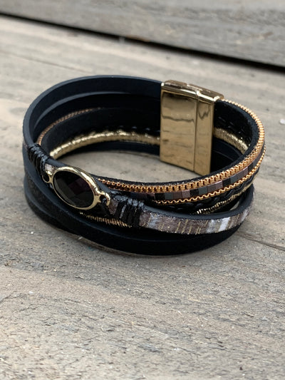 Black and Gold Gemstone Leather Magnetic Bracelet