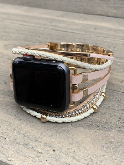 Cream and Rose Gold Multi Strand Leather Smart Watch Bracelet - Jill's Jewels | Unique, Handcrafted, Trendy, And Fun Jewelry