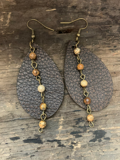 Brown Bomber Leather Earrings with Brown Gemstone Chain - Jill's Jewels | Unique, Handcrafted, Trendy, And Fun Jewelry