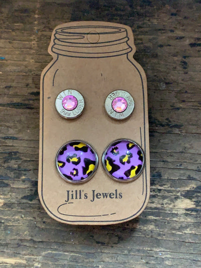 Bright Purple and Yellow Leopard Print and 9mm bullet earring set - Jill's Jewels | Unique, Handcrafted, Trendy, And Fun Jewelry