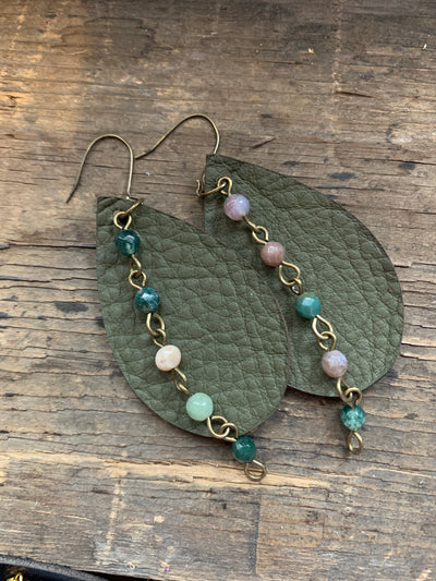 Olive Green Leather Earrings with Jasper Gemstone Chain - Jill's Jewels | Unique, Handcrafted, Trendy, And Fun Jewelry