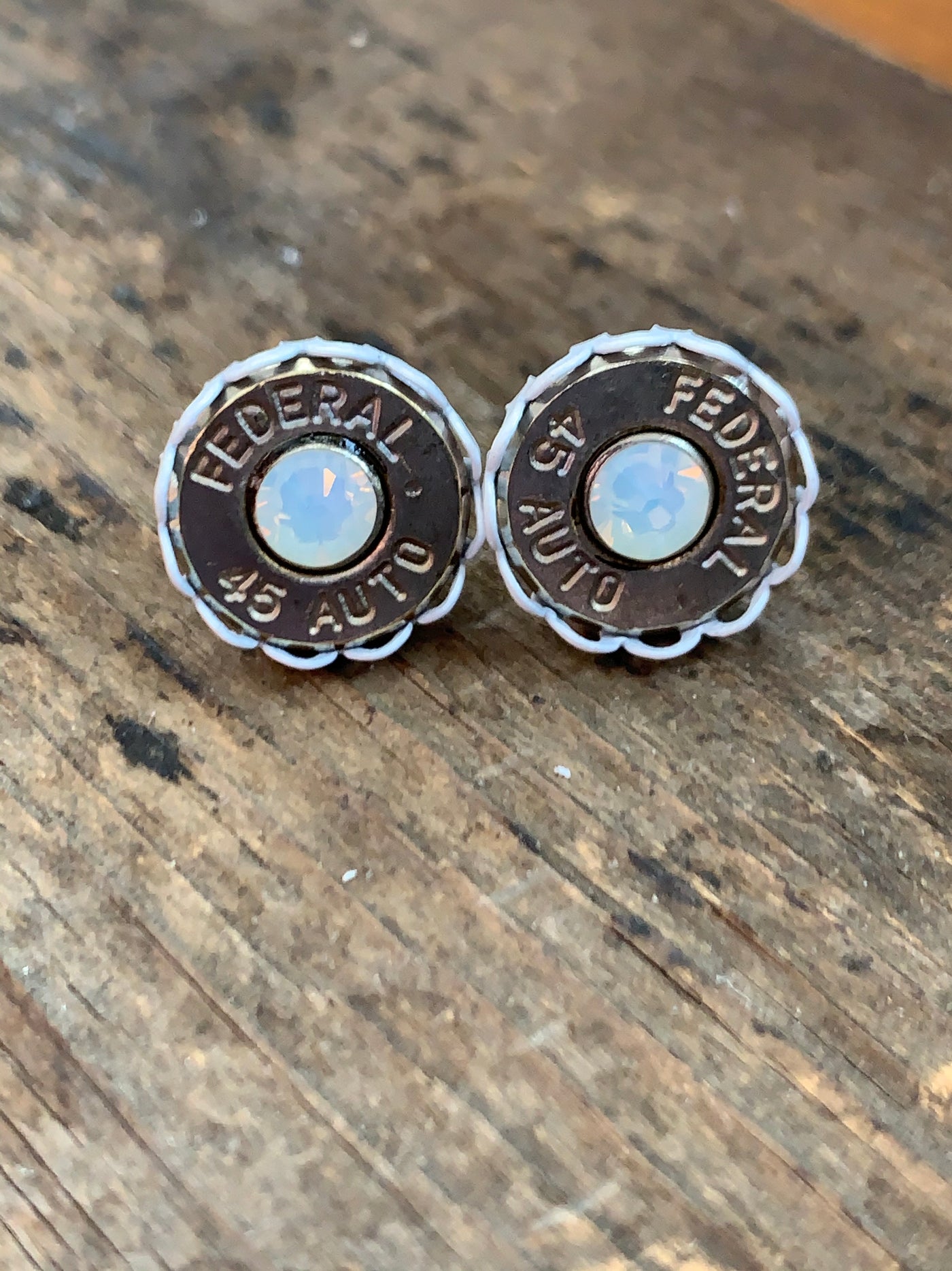 45 Auto Bullet Earrings with White Setting and Opal Crystal - Jill's Jewels | Unique, Handcrafted, Trendy, And Fun Jewelry