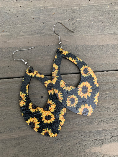 Black Sunflower Cork Teardrop Earring - Jill's Jewels | Unique, Handcrafted, Trendy, And Fun Jewelry