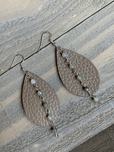 Taupe Leather Earrings with Labradorite Gemstone Chain - Jill's Jewels | Unique, Handcrafted, Trendy, And Fun Jewelry