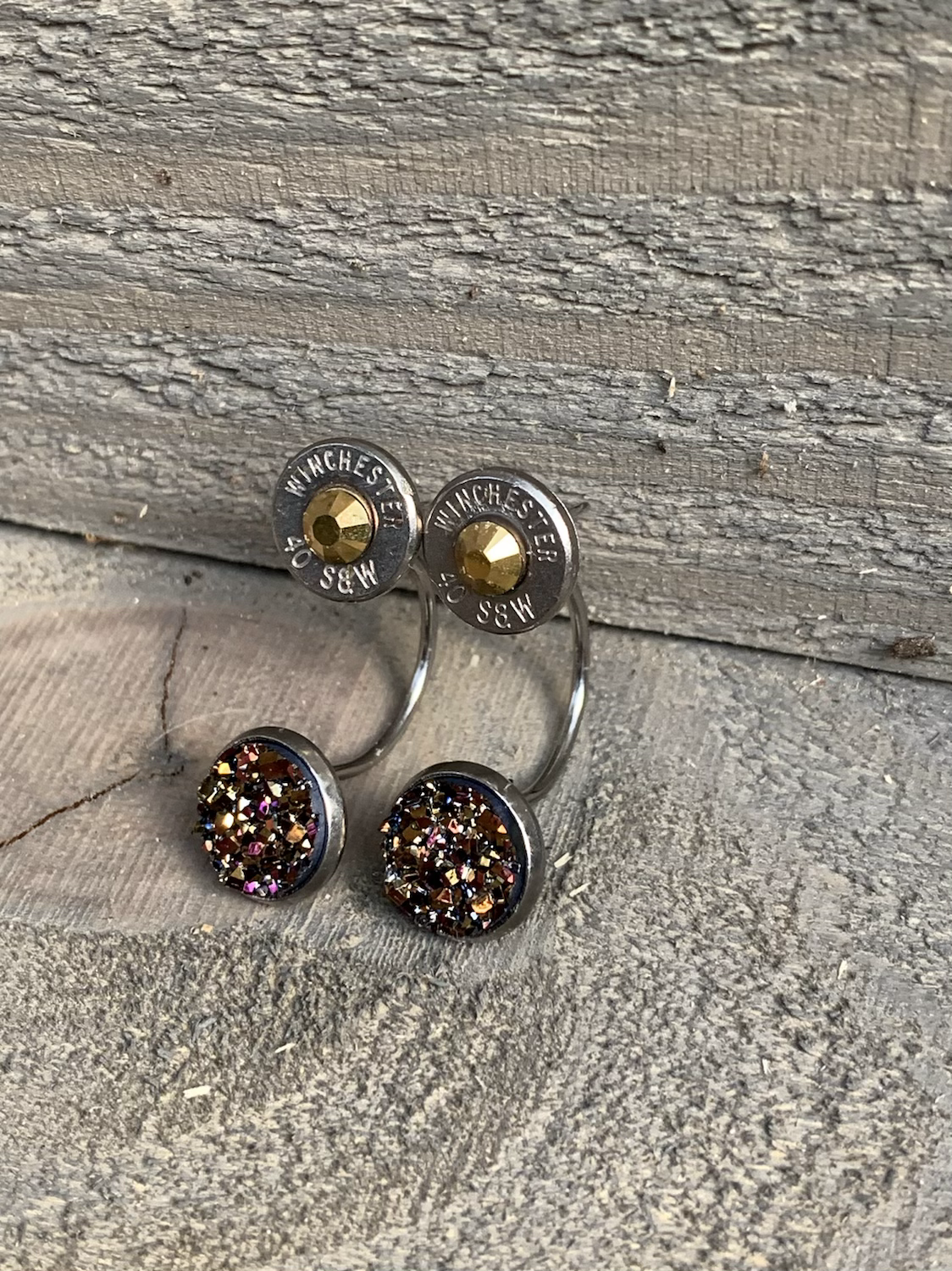 40 Caliber Drop Earring Studs with Rainbow Faux Druzy - Jill's Jewels | Unique, Handcrafted, Trendy, And Fun Jewelry
