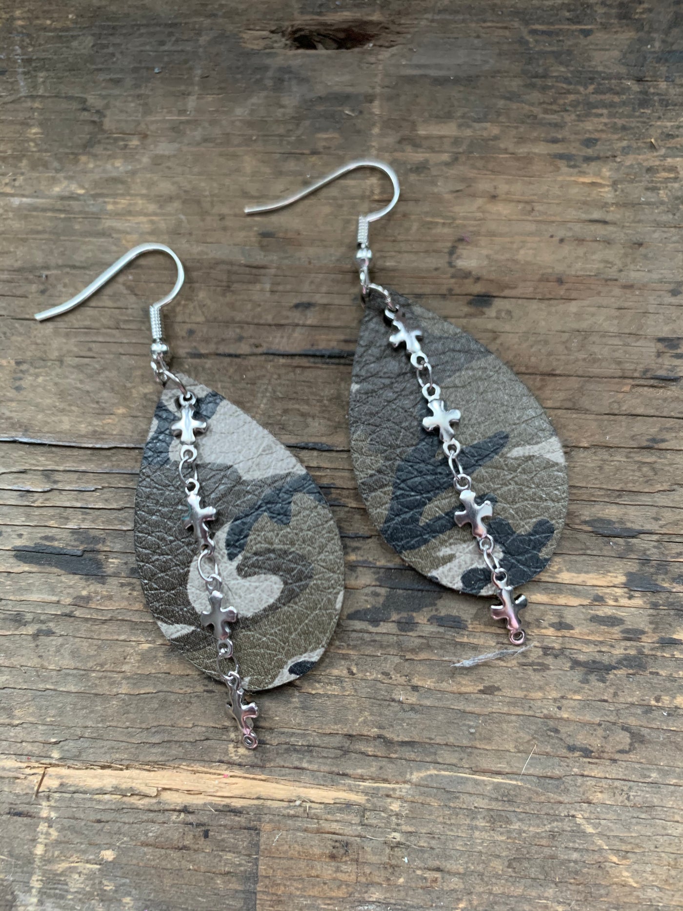 Camo Leather Earrings with Silver Cross Chain - Jill's Jewels | Unique, Handcrafted, Trendy, And Fun Jewelry