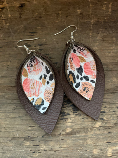 Brown and Coral Leopard Floral Double Layer Leather Earrings - Jill's Jewels | Unique, Handcrafted, Trendy, And Fun Jewelry