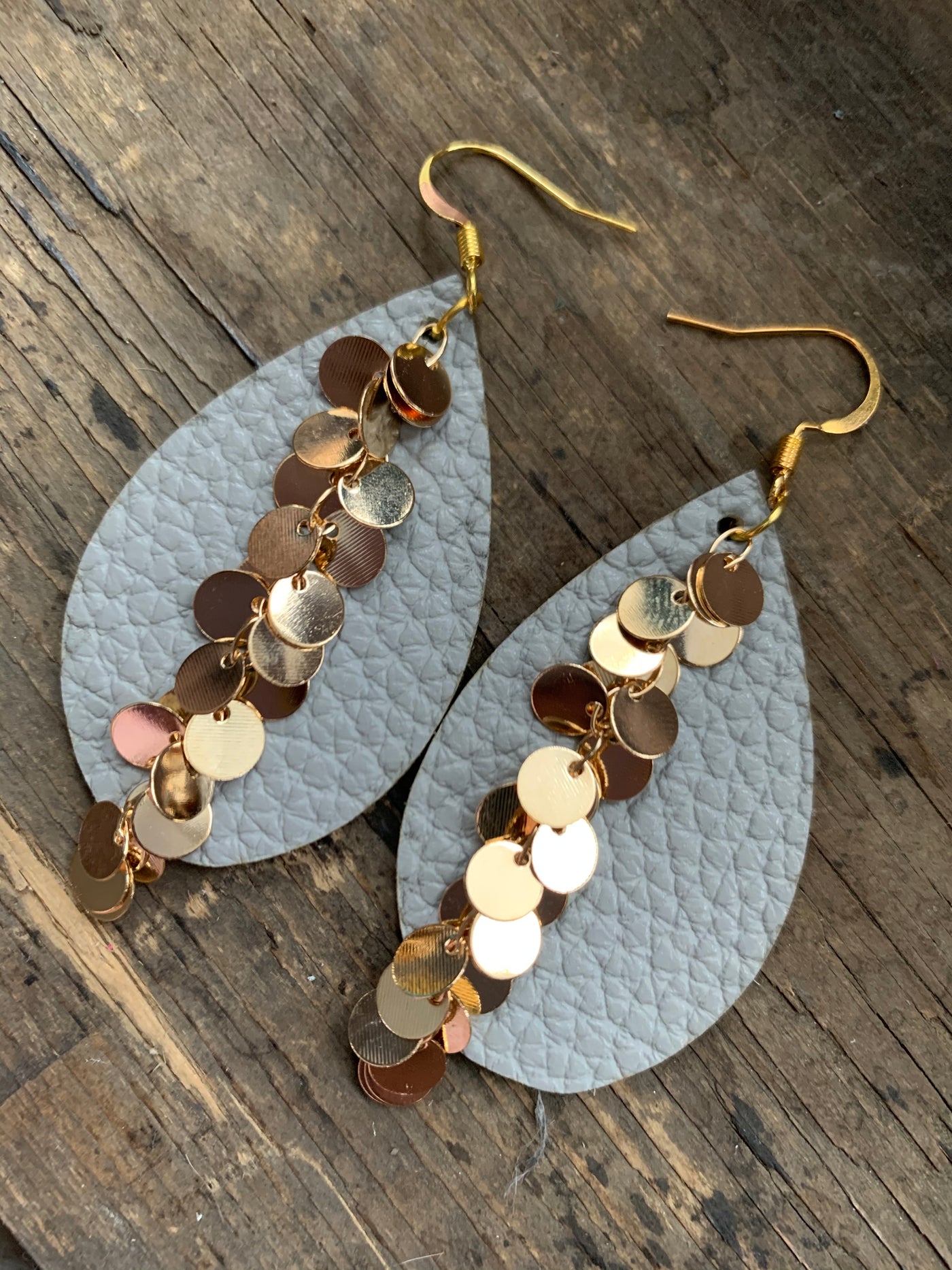 Grey teardrop earrings with gold coin chain - Jill's Jewels | Unique, Handcrafted, Trendy, And Fun Jewelry