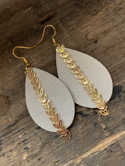 Cream Leather Earrings with Gold Leaf Chain - Jill's Jewels | Unique, Handcrafted, Trendy, And Fun Jewelry