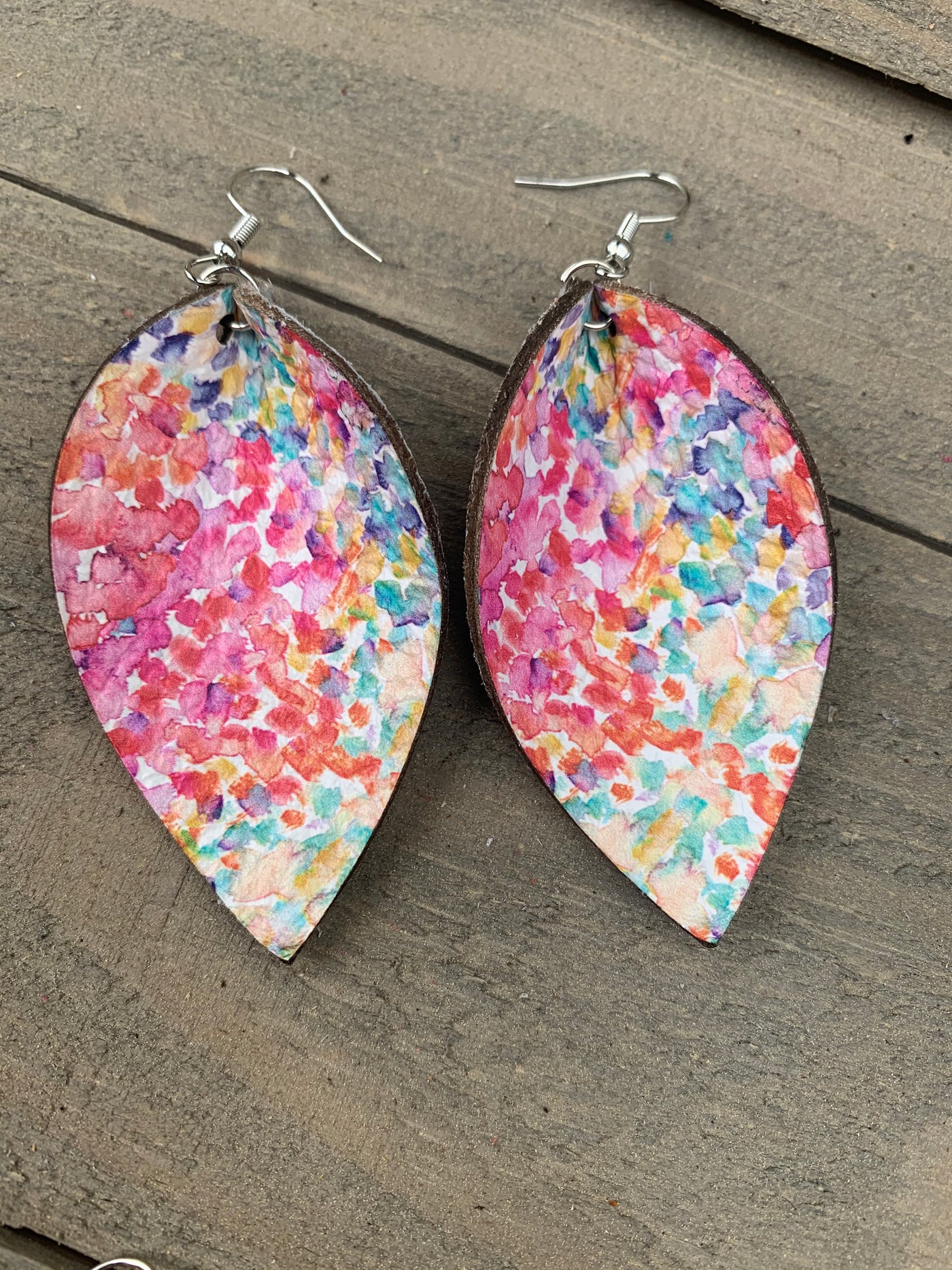 Rainbow Watercolor Floral Leather Earrings - Jill's Jewels | Unique, Handcrafted, Trendy, And Fun Jewelry