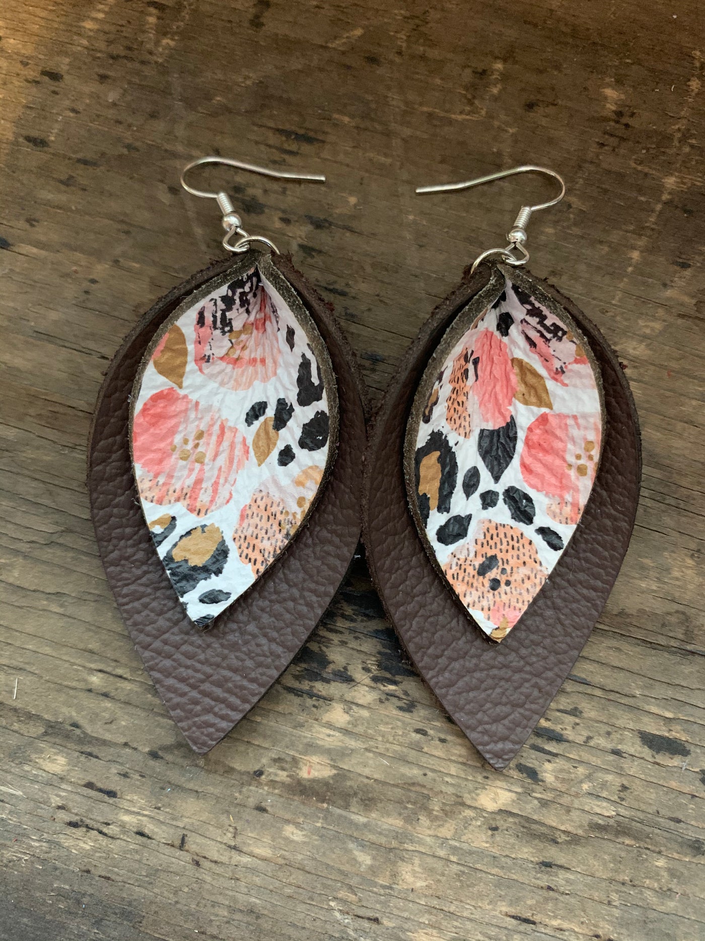 Brown and Coral Leopard Floral Double Layer Leather Earrings - Jill's Jewels | Unique, Handcrafted, Trendy, And Fun Jewelry