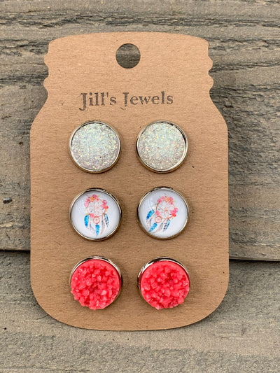 Coral Dream Catcher Faux Druzy Earring 3 Set - Jill's Jewels | Unique, Handcrafted, Trendy, And Fun Jewelry