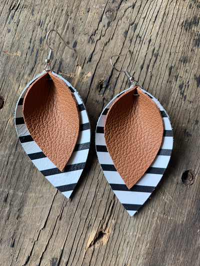 Black and white stripe with brown leather earrings - Jill's Jewels | Unique, Handcrafted, Trendy, And Fun Jewelry
