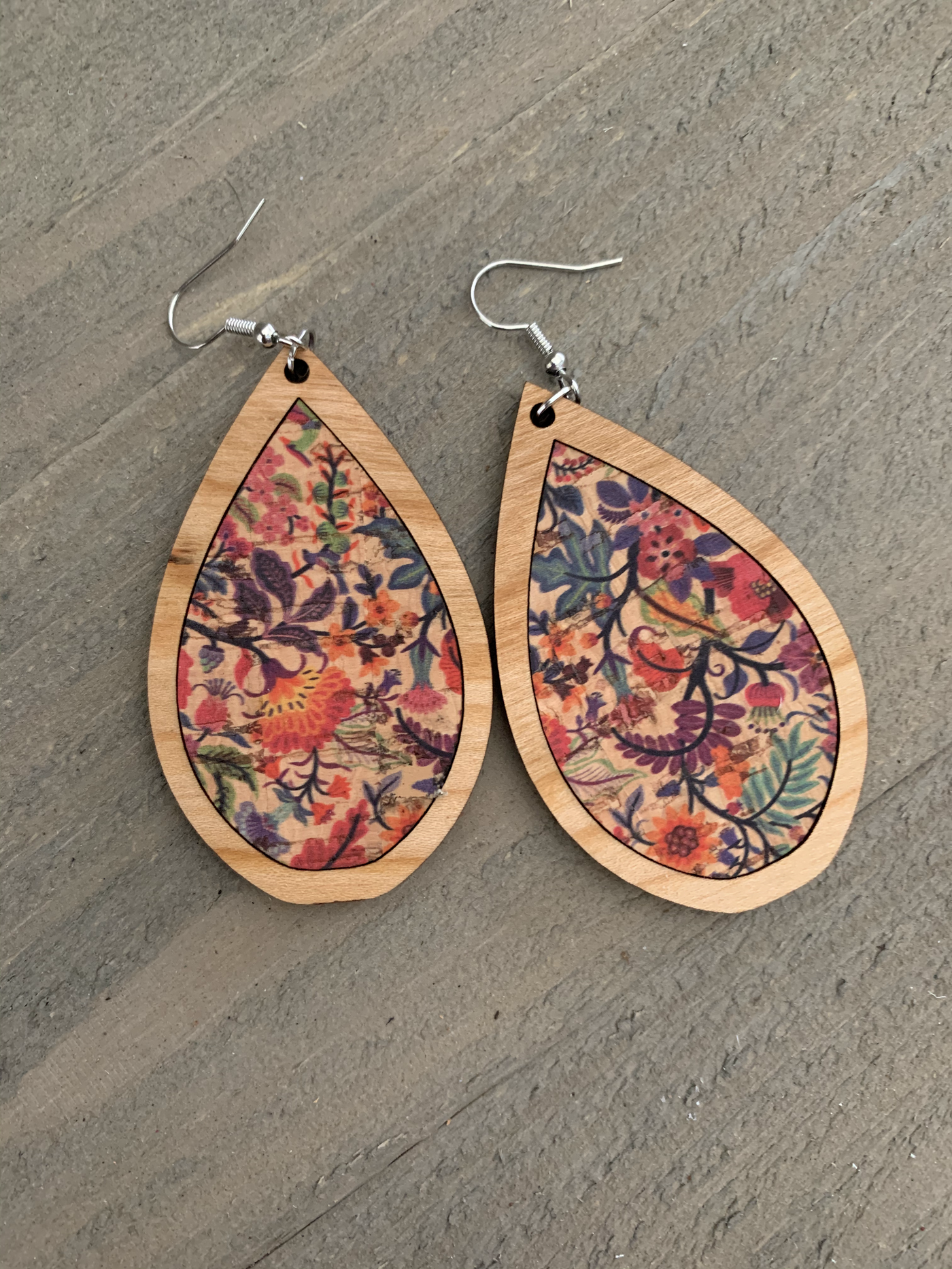 Colorful Floral Cork and Wood Teardrop Earrings - Jill's Jewels | Unique, Handcrafted, Trendy, And Fun Jewelry