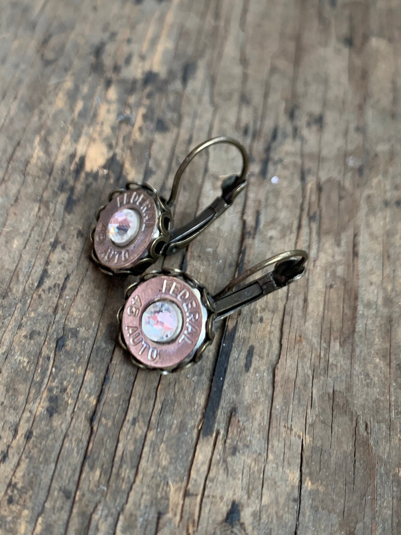 Antique Brass Scalloped Lever Back Earrings with 45 Auto bullets - Jill's Jewels | Unique, Handcrafted, Trendy, And Fun Jewelry