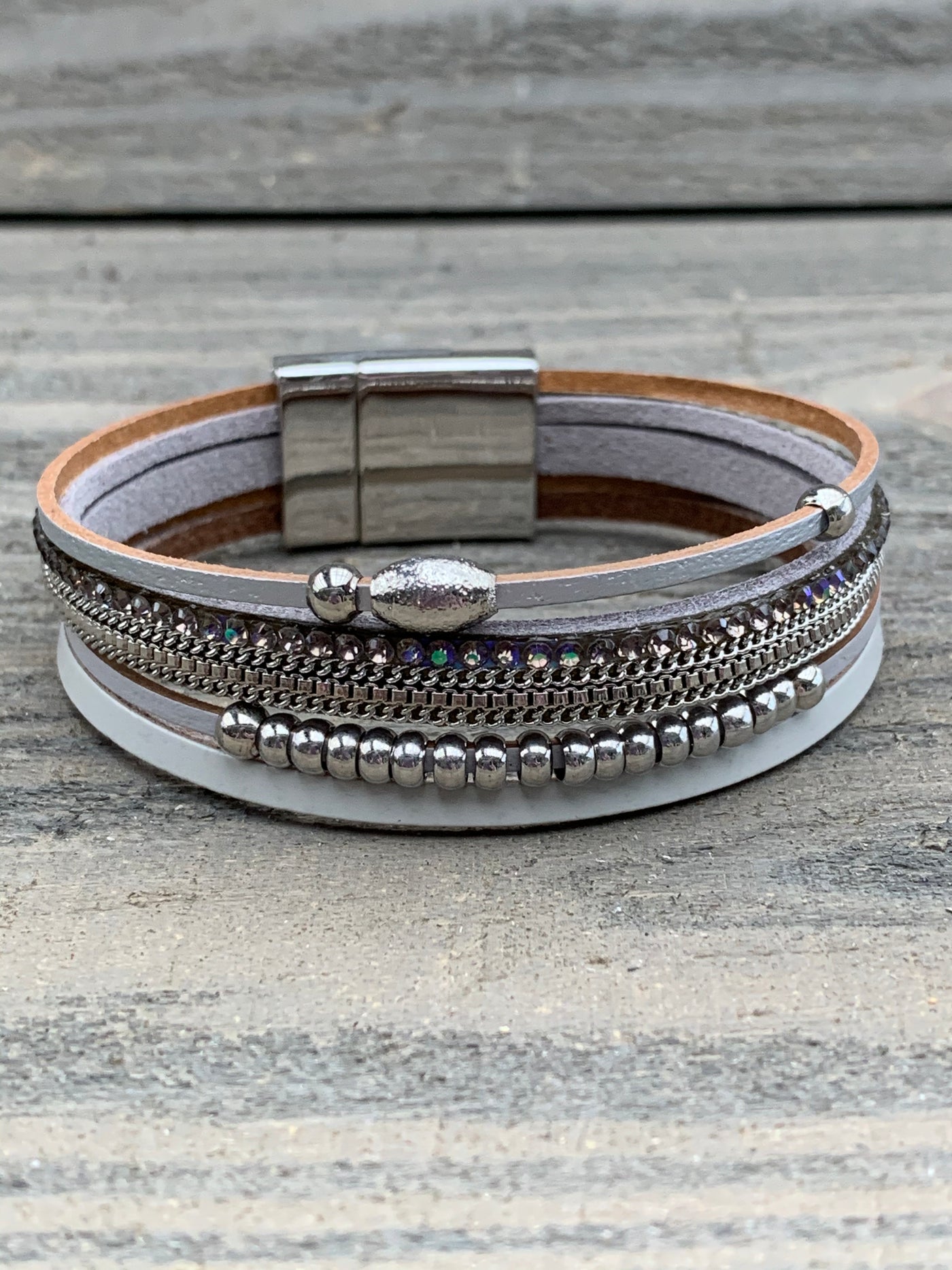 Grey and Silver Iridescent Rhinestone Magnetic Bracelet - Jill's Jewels | Unique, Handcrafted, Trendy, And Fun Jewelry