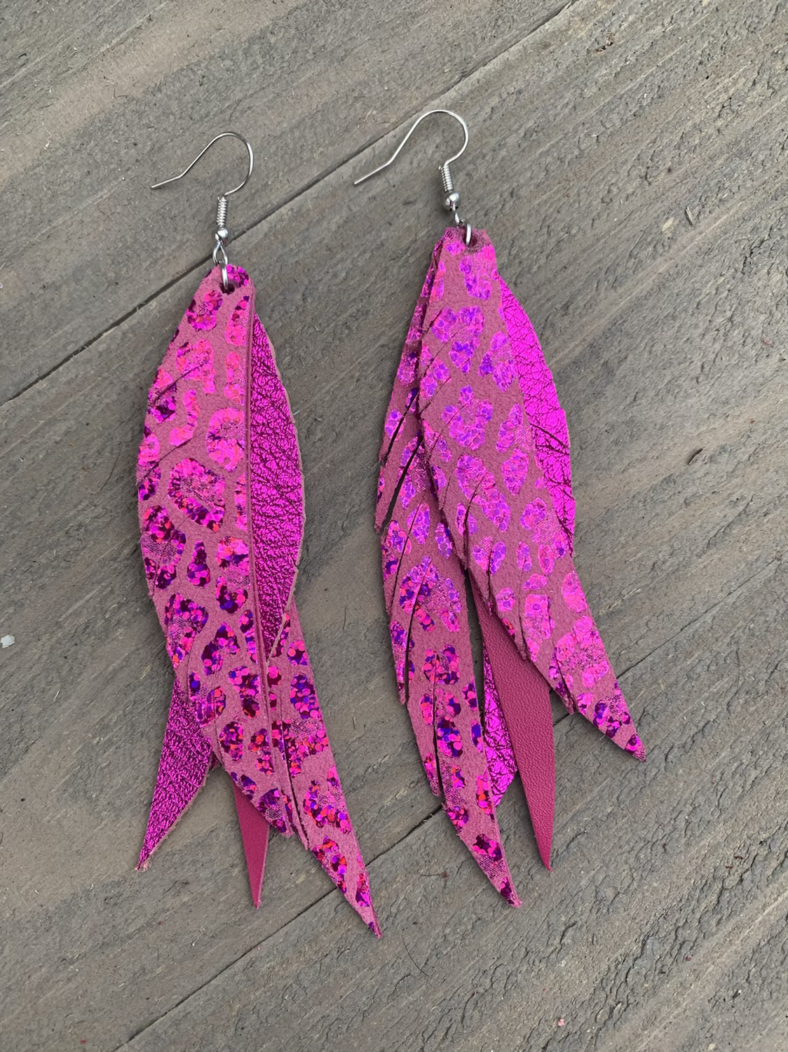 Hot Pink Metallic Leopard Stacked Fringe Feather Earring - Jill's Jewels | Unique, Handcrafted, Trendy, And Fun Jewelry