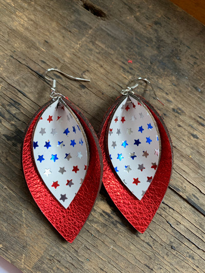 Metallic Red White and Blue Star Double Layer Leather Earrings - Jill's Jewels | Unique, Handcrafted, Trendy, And Fun Jewelry