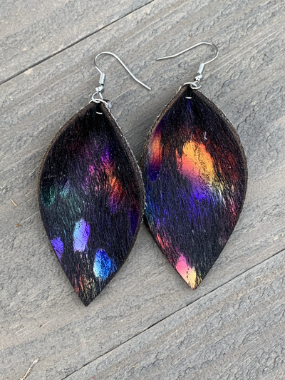 Black Rainbow Acid Wash Hair on leather earring - Jill's Jewels | Unique, Handcrafted, Trendy, And Fun Jewelry