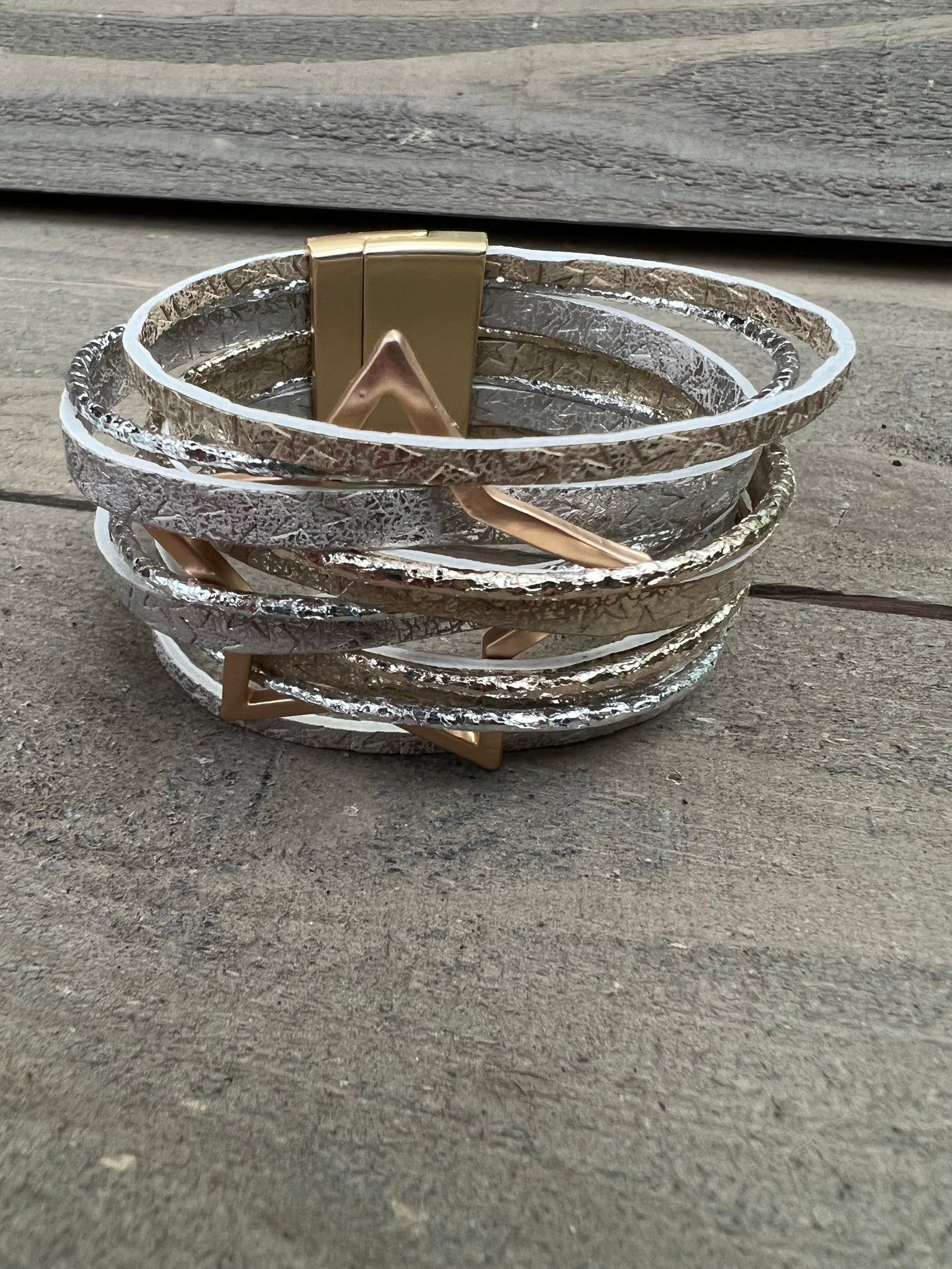 Silver and Gold Woven Star Leather Magnetic Bracelet