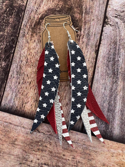 Red White & Blue USA Stacked Fringe Feather Earrings