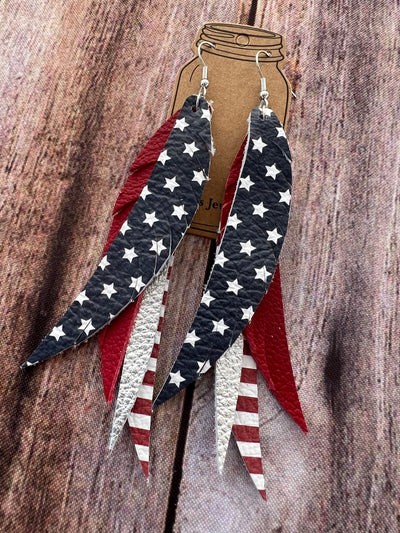 Red White & Blue USA Stacked Fringe Feather Earrings