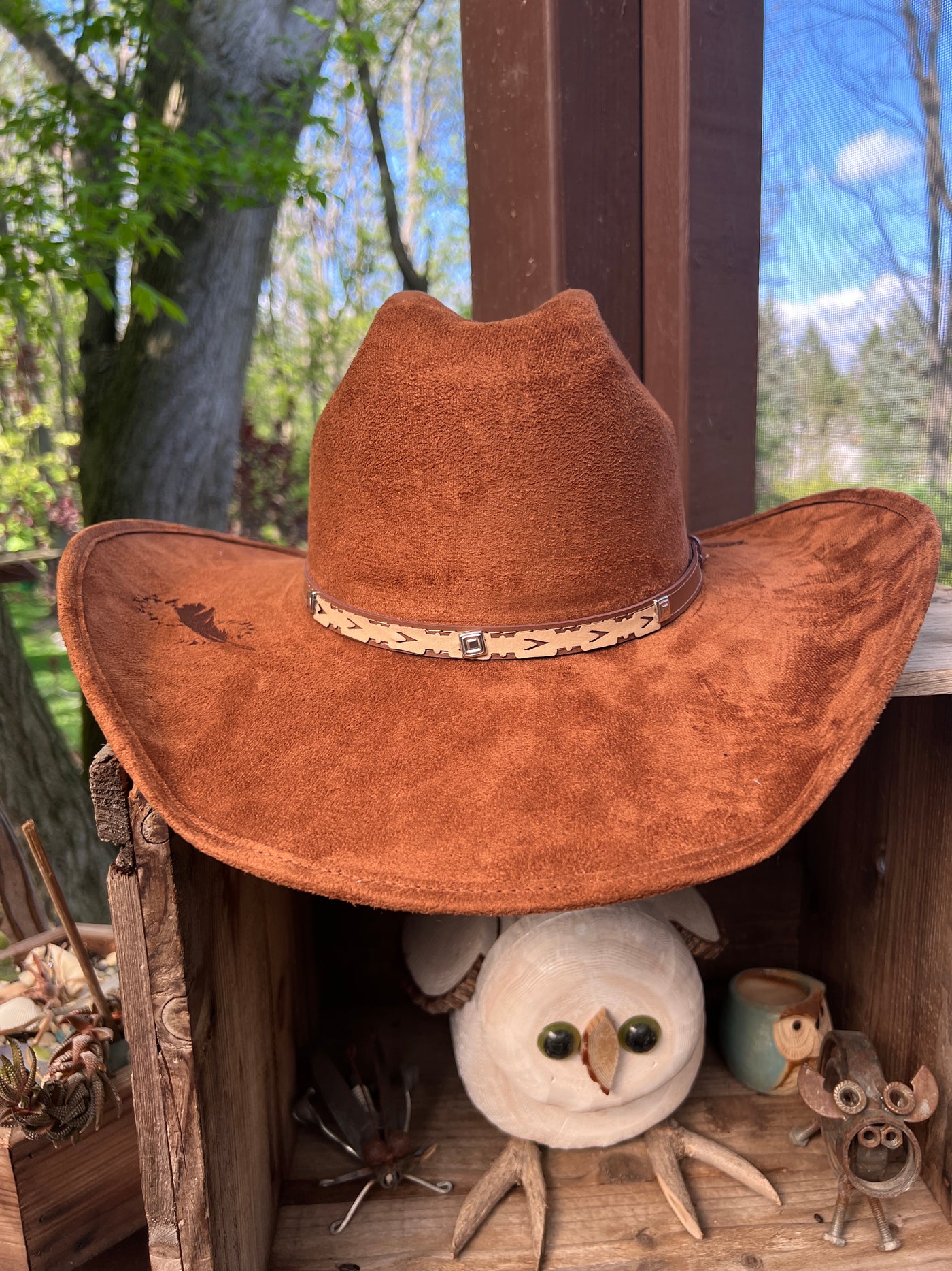 Saddle brown cowgirl hat with feather accents
