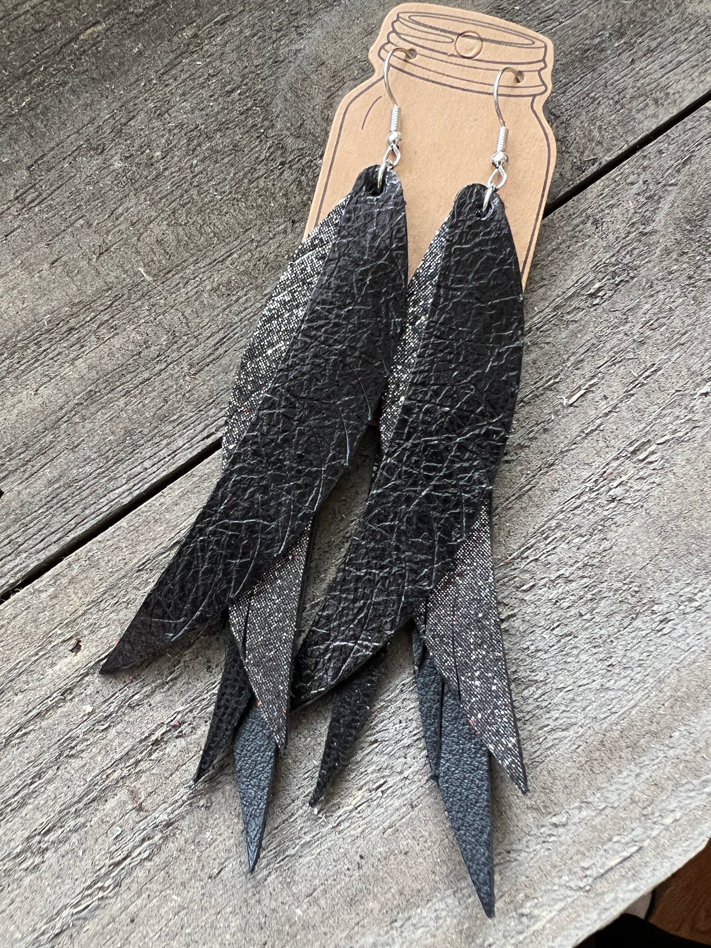 Black Stacked Fringe Feather Earrings