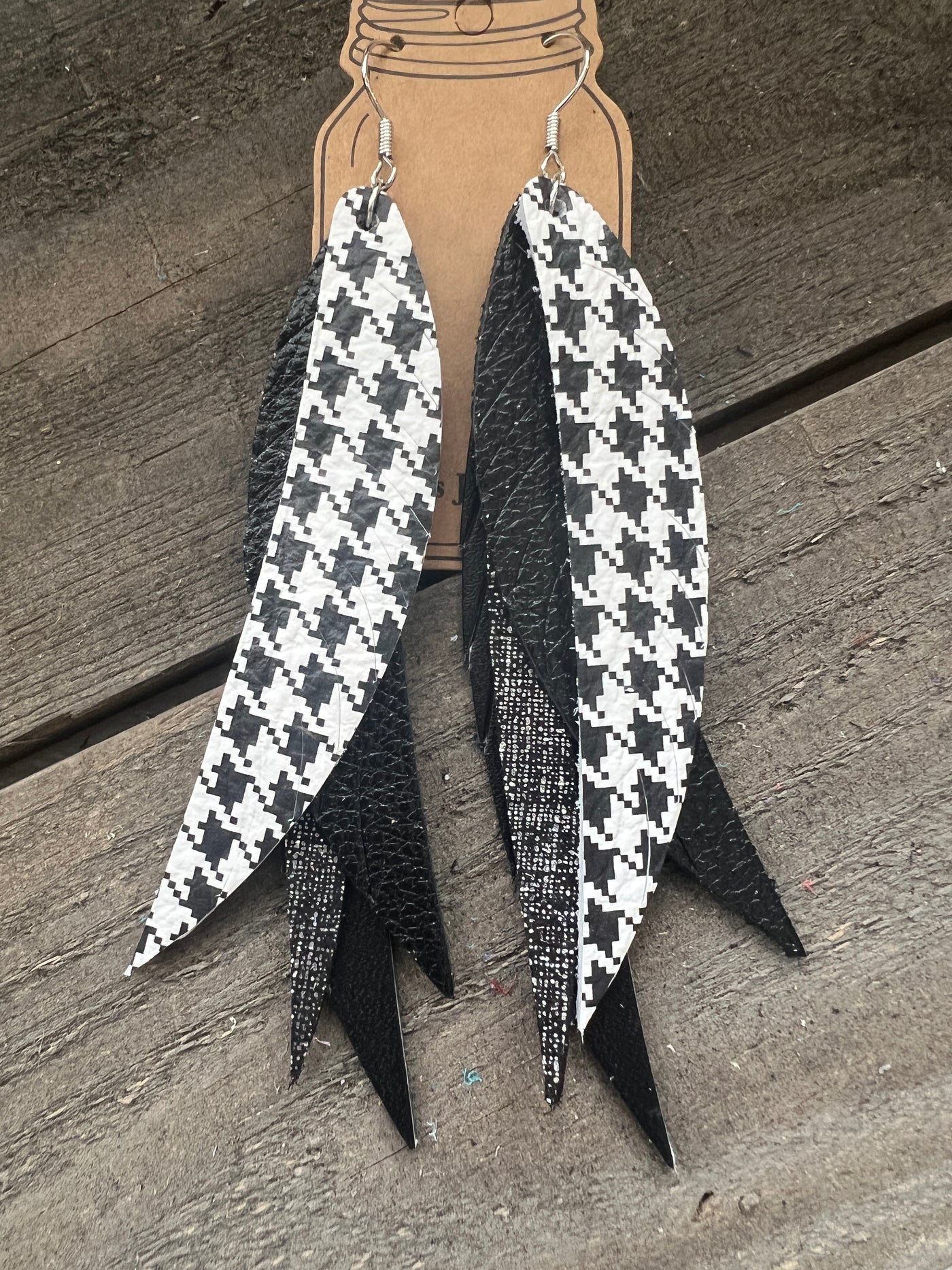 Black and White Houndstooth Stacked Fringe Feather Earrings