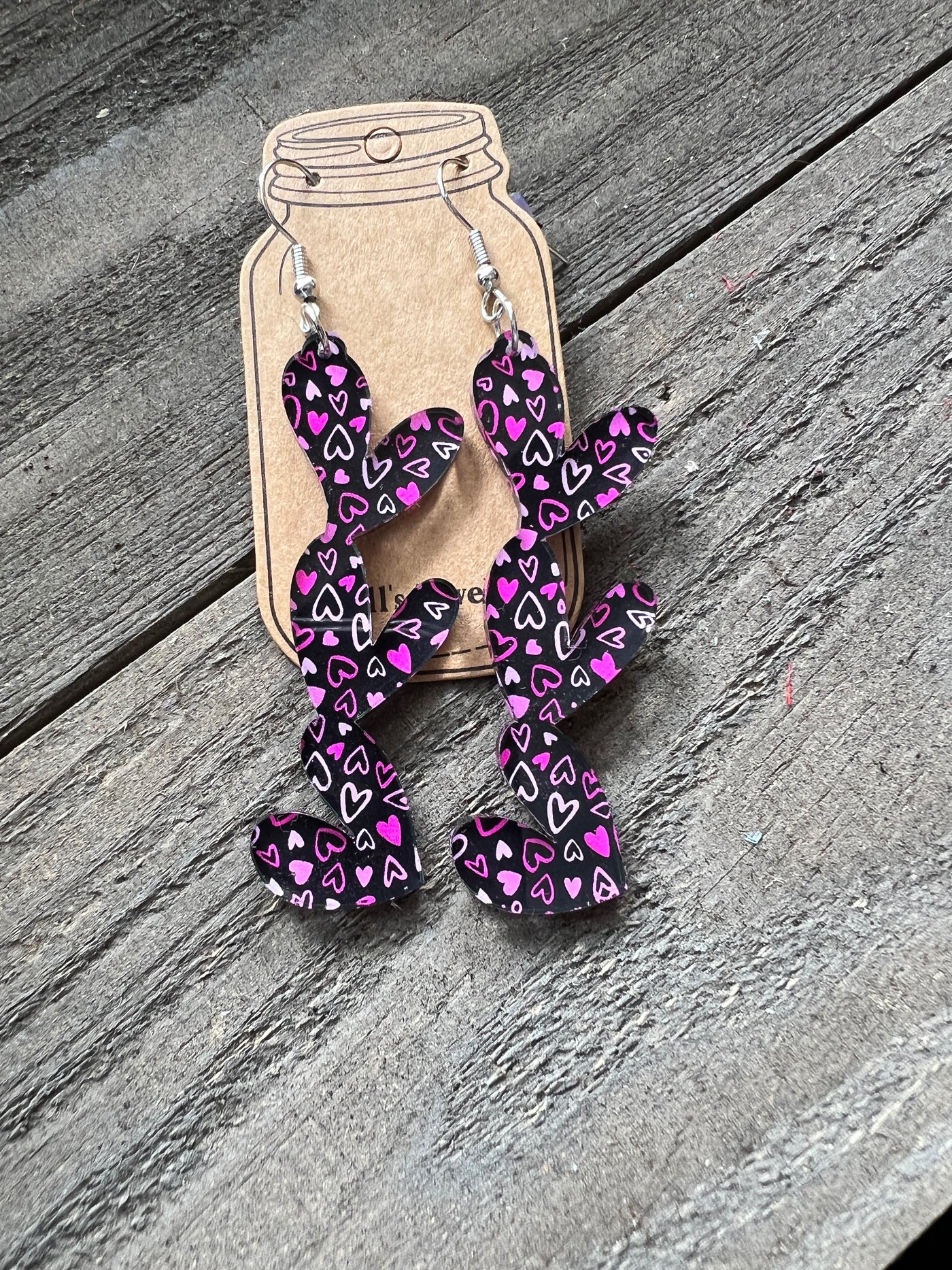 Pink And Black hearts Acrylic Stacked Heart Cutout Earrings