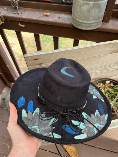Black Pencil Brim Blue Floral Painted Hat
