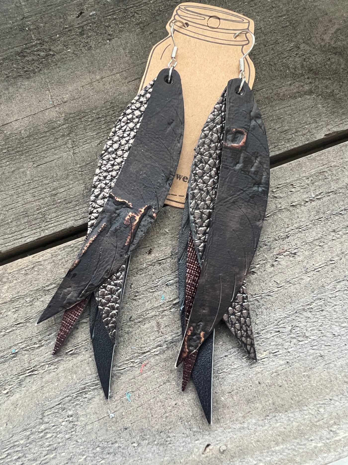 Brown and Black Metallic Stacked Fringe Feather Earrings