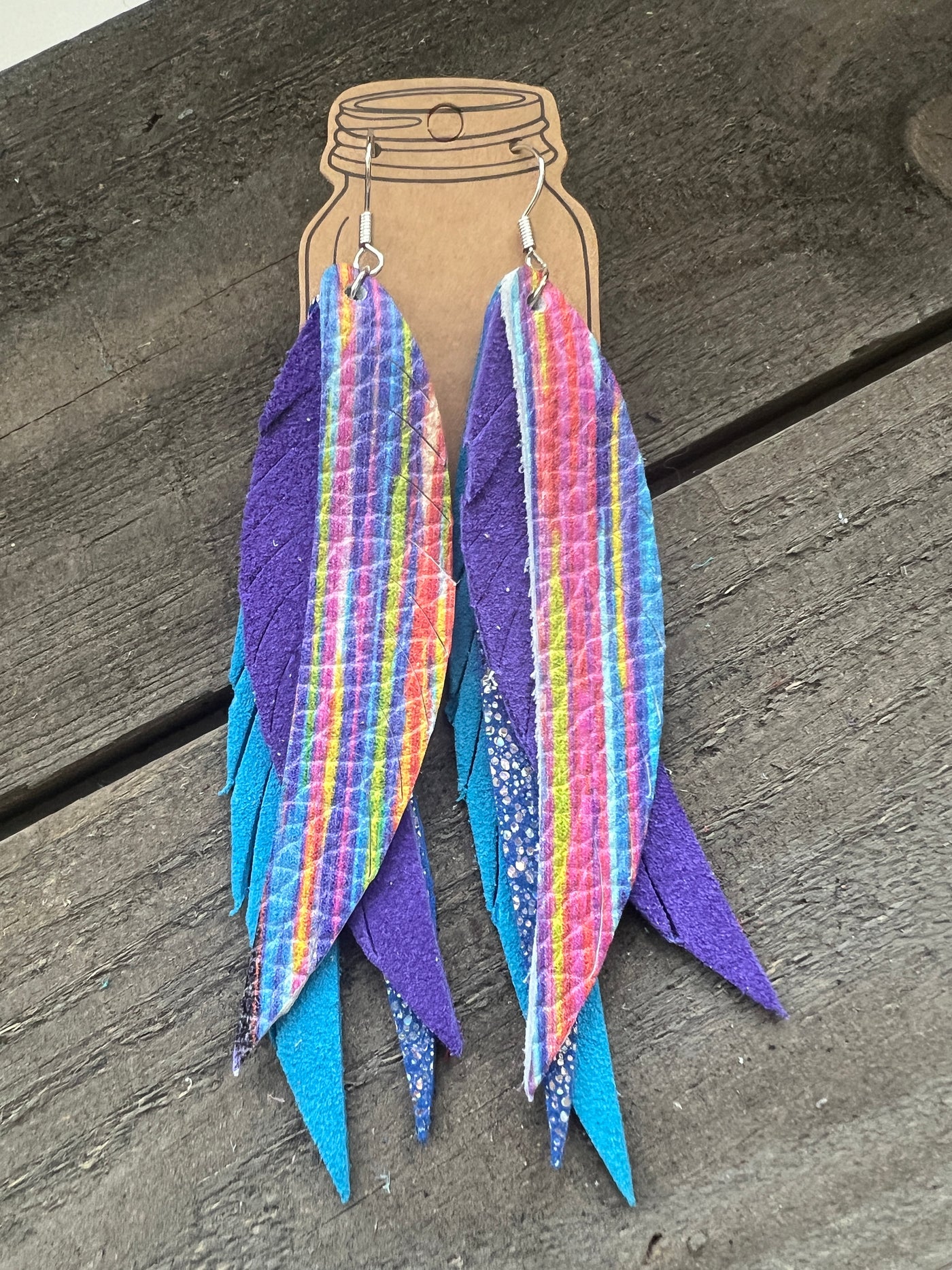 Rainbow Striped Stacked Fringe Feather Earrings