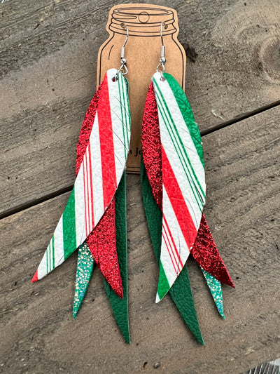 Red and Green Striped Holiday Stacked Fringe Feather Earrings