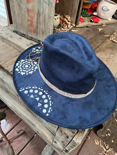 Navy Hat with White Mandala Paint