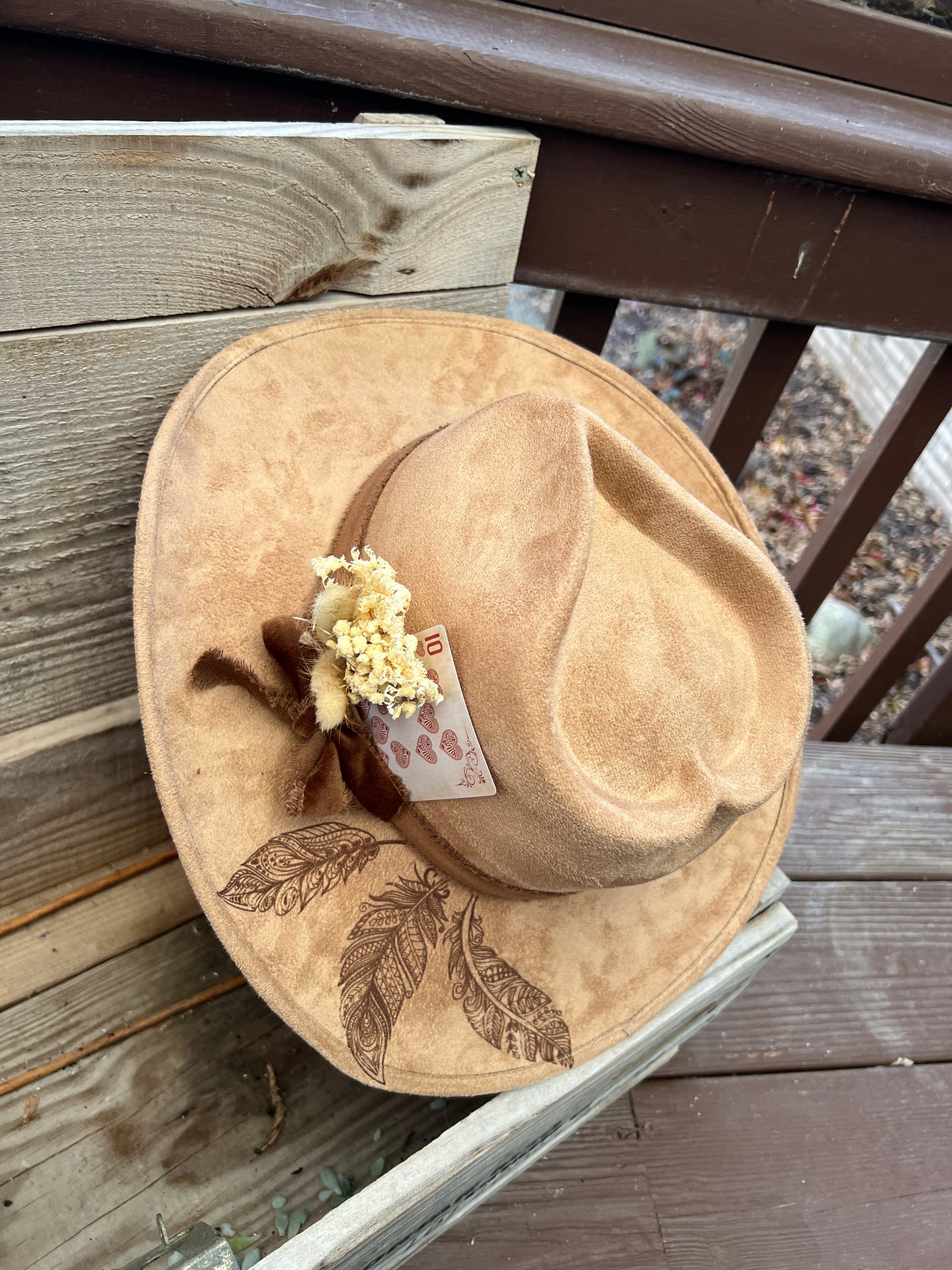Tan Feather Painted Cowgirl Heart Hat