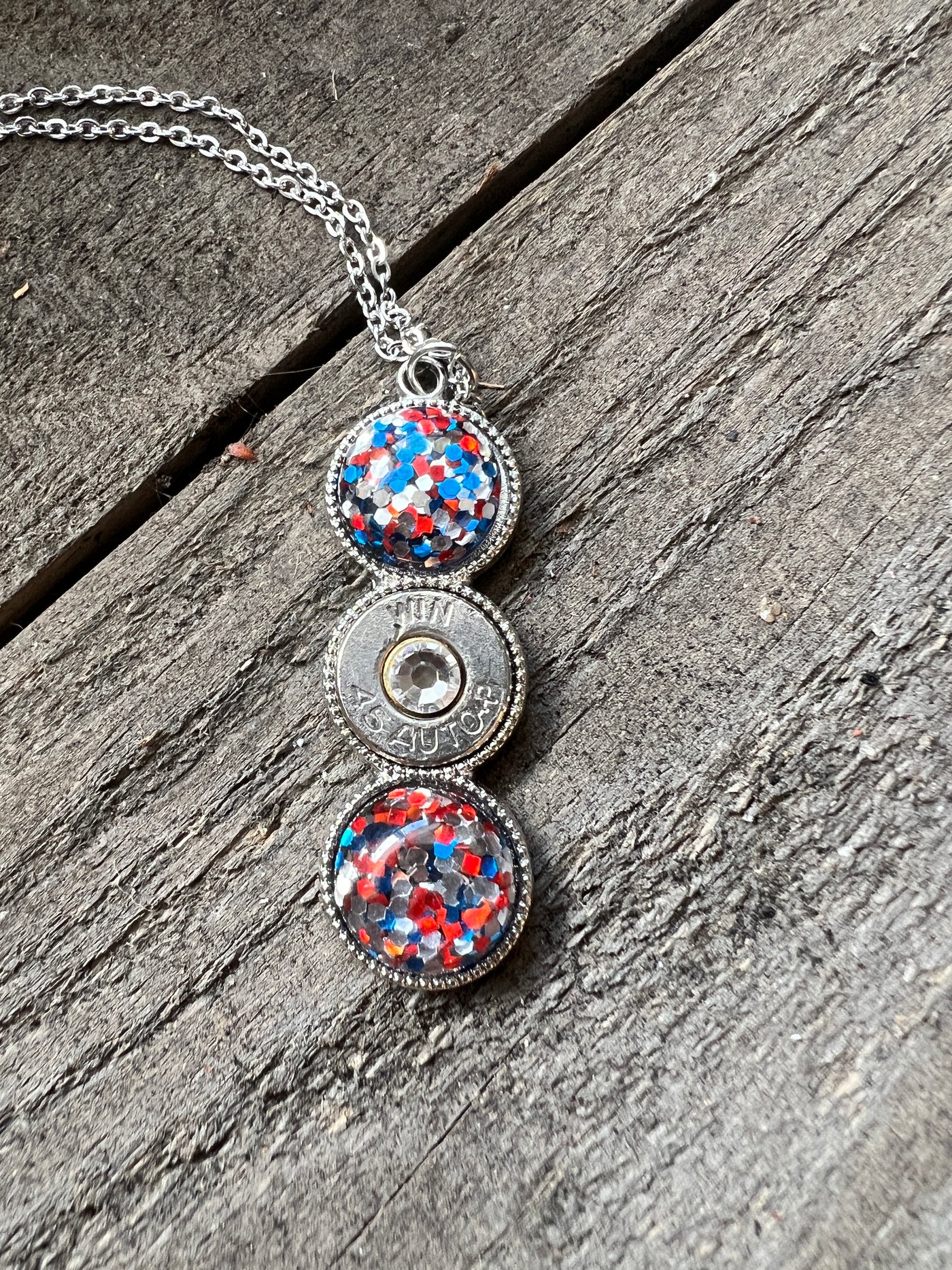 Red, white and blue 45 Auto Triple Bullet Necklace