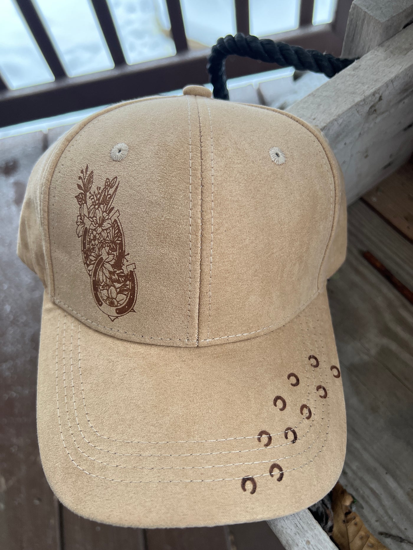 Floral Horseshoe Design Burned Baseball Cap