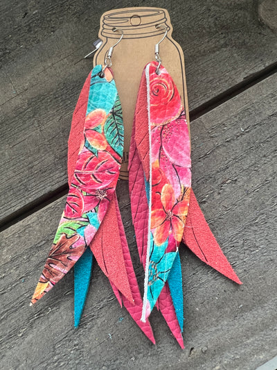 Bright Floral Stacked Fringe Feather Earrings