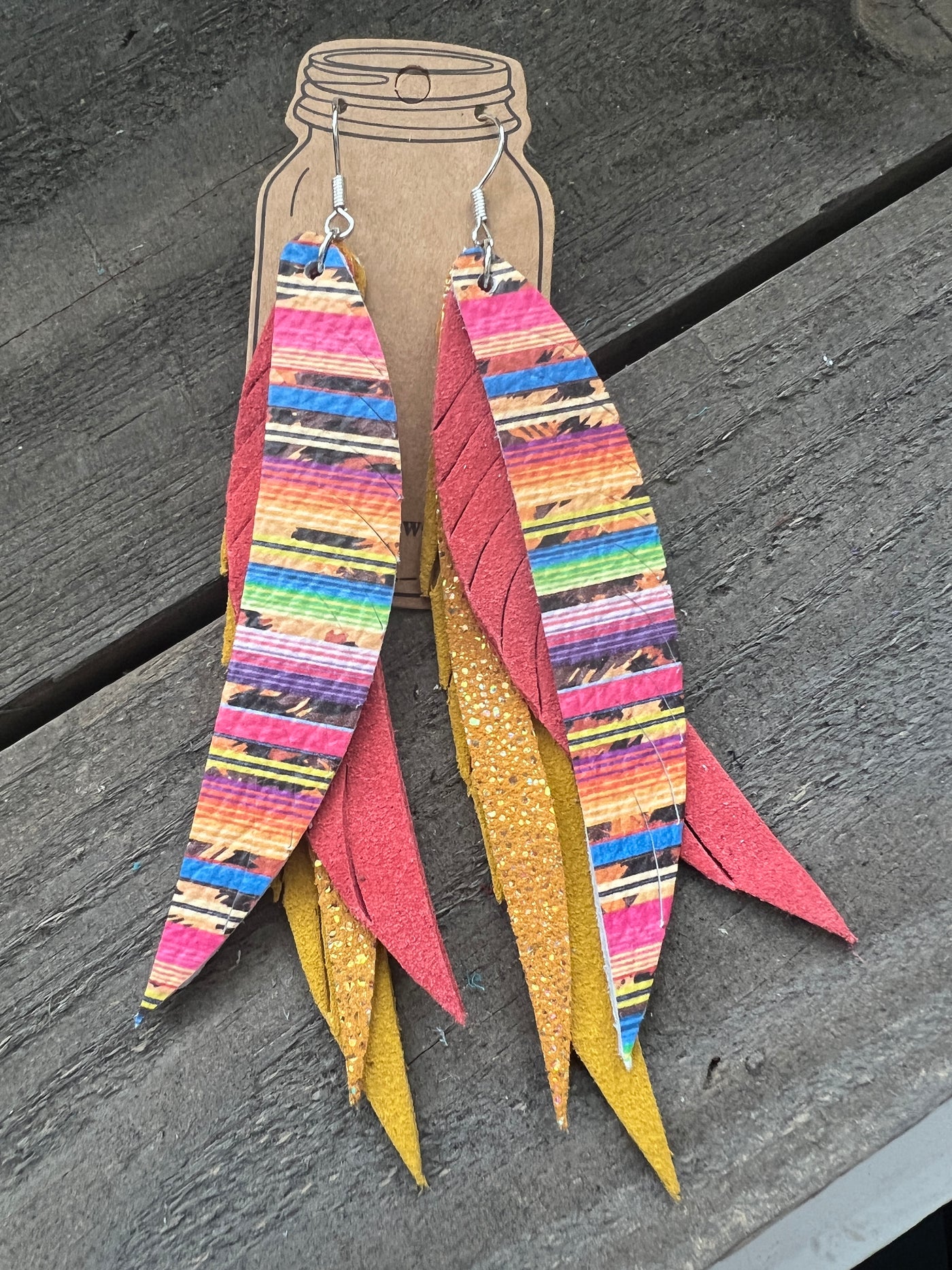 Rainbow Sarape Stacked Fringe Feather Earrings