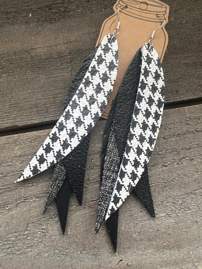 Black and White Houndstooth Stacked Fringe Feather Earrings