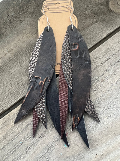 Brown and Black Metallic Stacked Fringe Feather Earrings