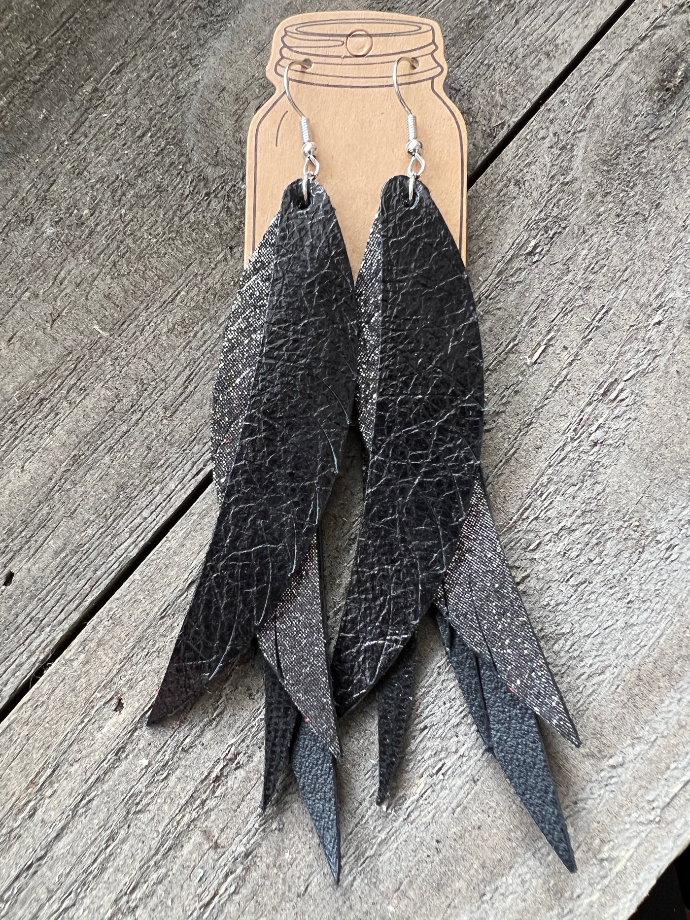 Black Stacked Fringe Feather Earrings