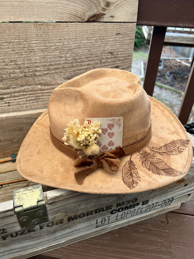 Tan Feather Painted Cowgirl Heart Hat