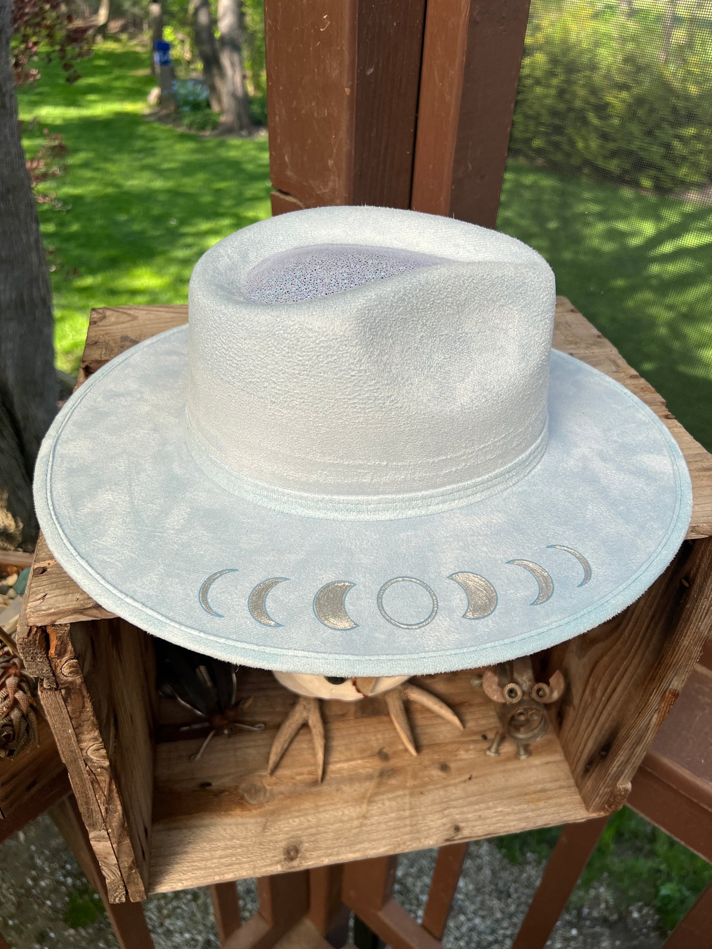 Baby blue colored rancher Hat with celestial accents